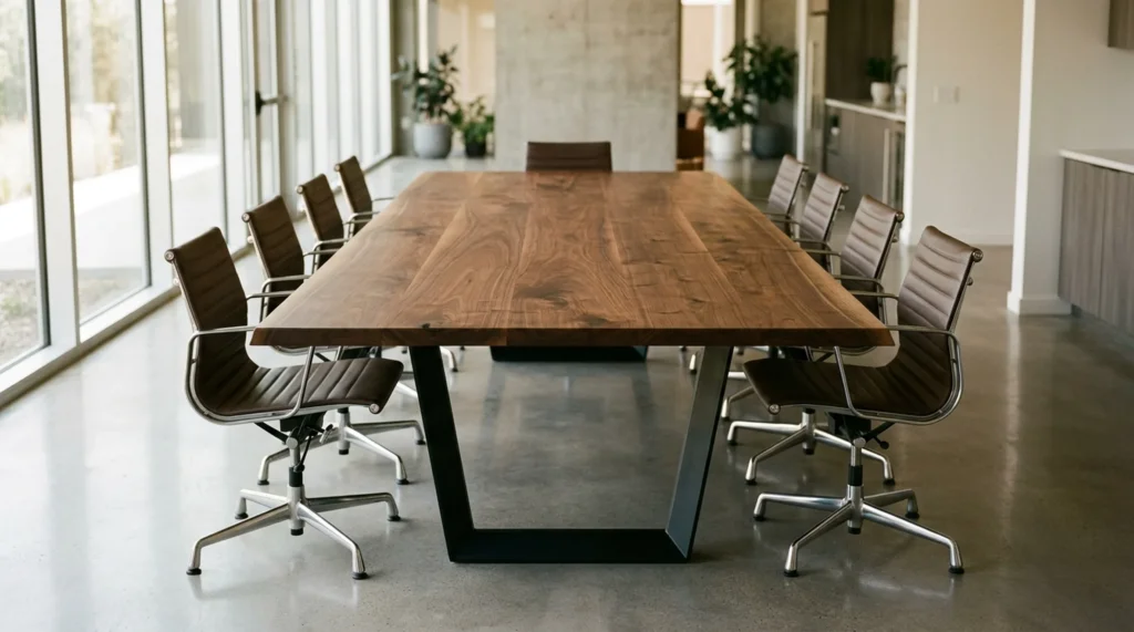 Modern Black Walnut conference table with sculptural blackened-steel trapezoid base in a contemporary boardroom — Fargo Woodworks