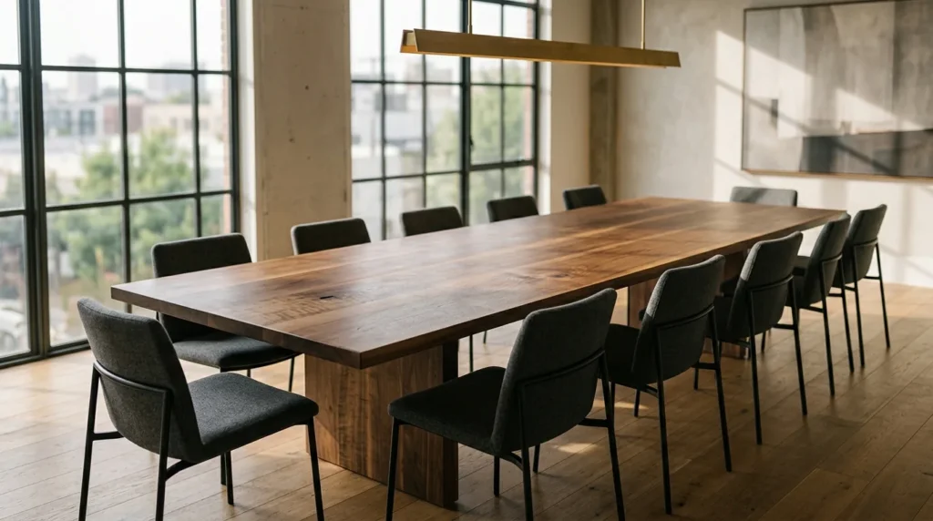 Modern Black Walnut conference table for twelve in a sun-flooded contemporary boardroom — Fargo Woodworks