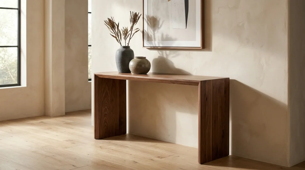 Modern Black Walnut console table against a warm plaster entryway wall — Fargo Woodworks