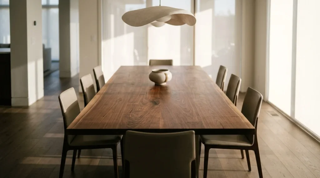 Modern Black Walnut dining table for eight in a sun-flooded contemporary dining room — Fargo Woodworks