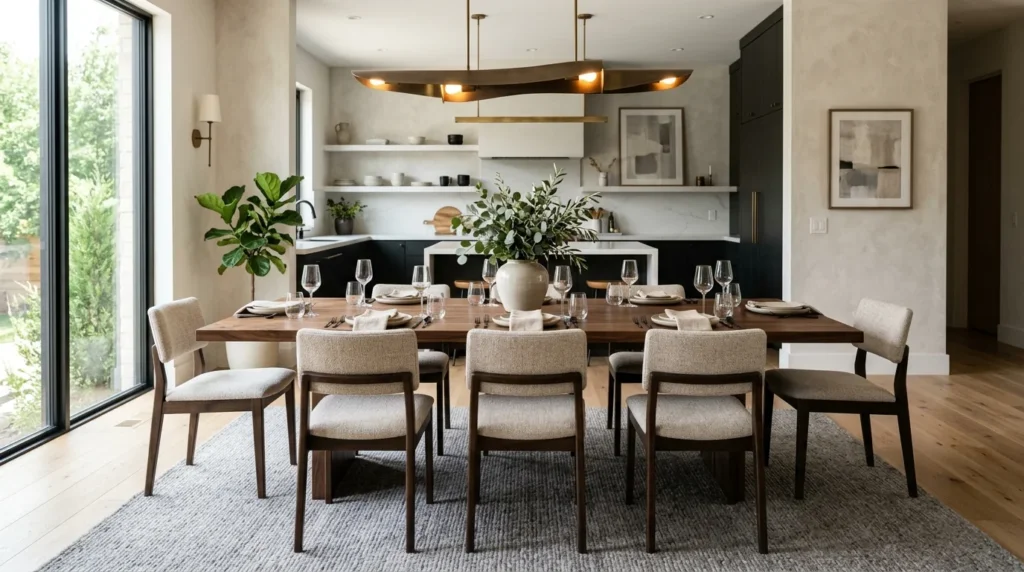 Modern Black Walnut dining table for eight in a sun-flooded contemporary dining room — Fargo Woodworks