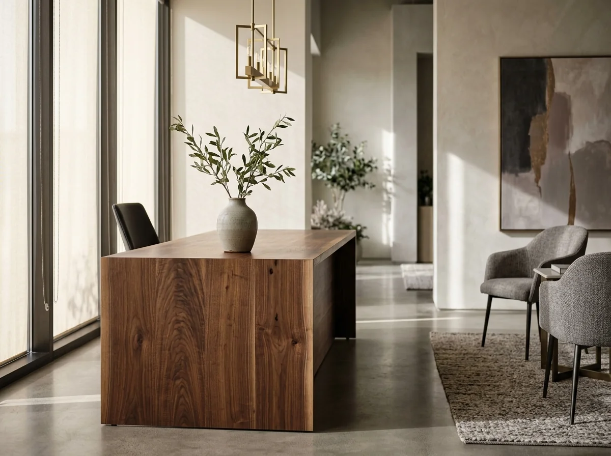 Modern Black Walnut reception desk in a contemporary office reception with two upholstered guest chairs — Fargo Woodworks