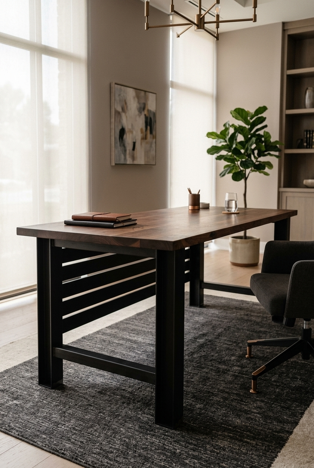 Modern walnut executive desk on an industrial steel base — Fargo Woodworks
