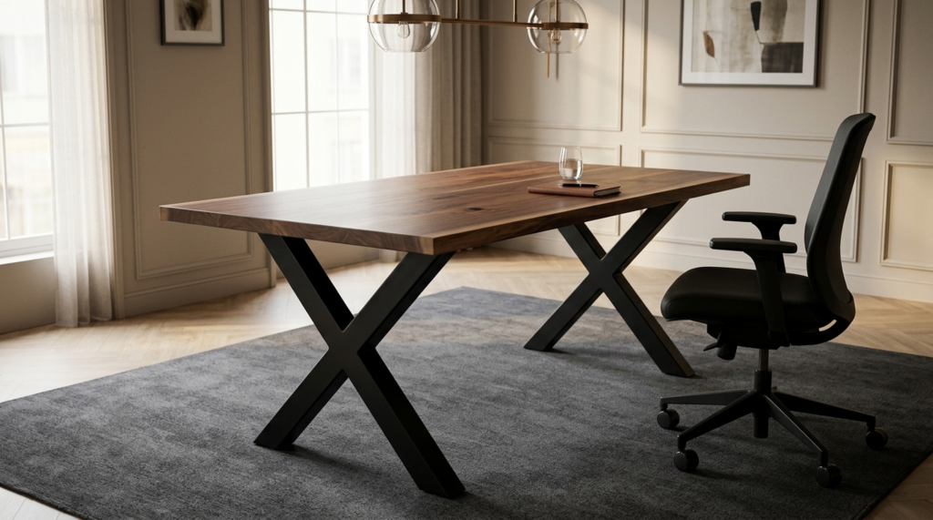 Modern walnut executive desk with a steel X base in a tech office — Fargo Woodworks