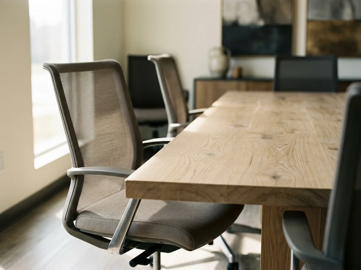 Modern mesh-back ergonomic chair in warm gray pulled up to a White Oak conference table — Fargo Woodworks