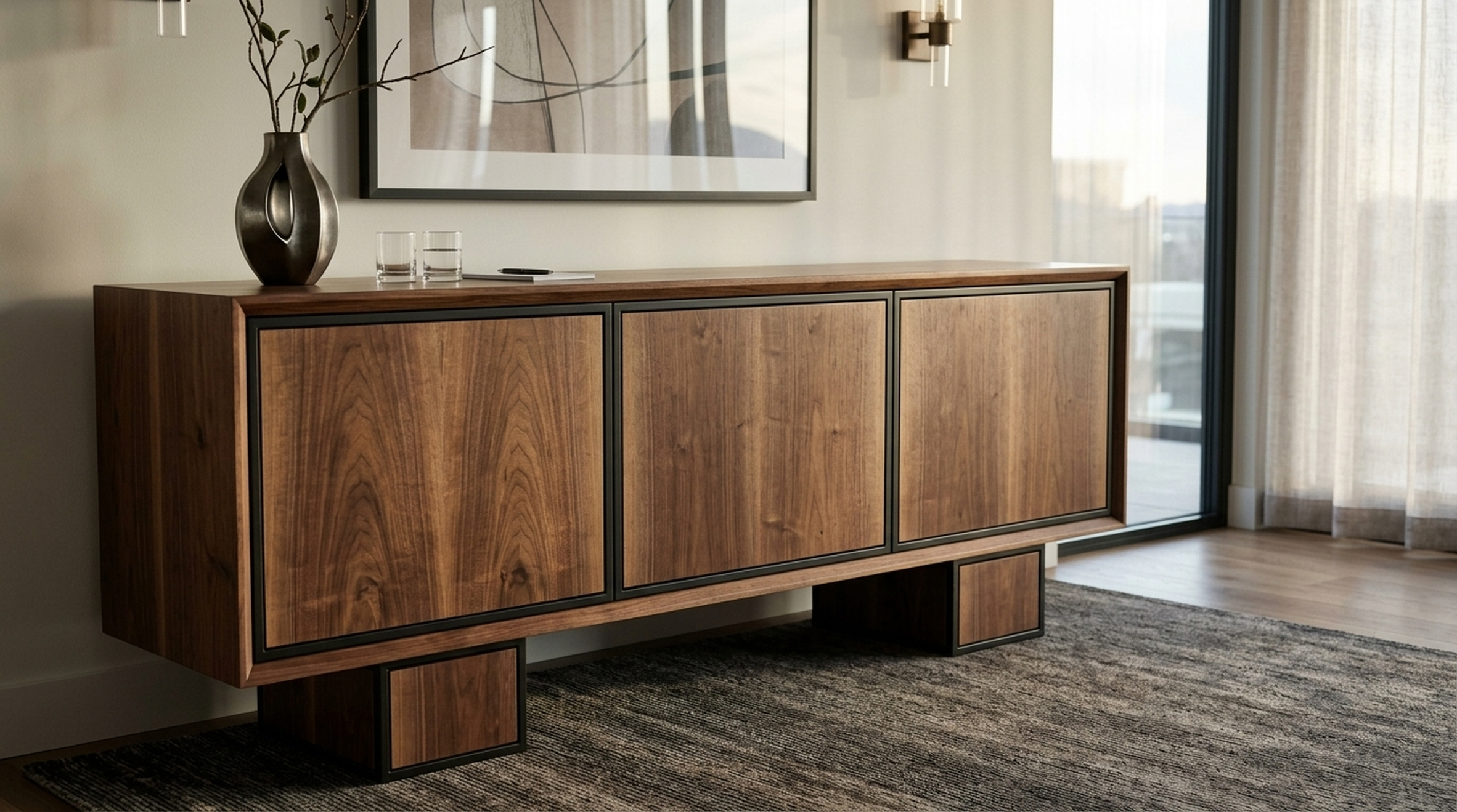 Handcrafted solid walnut office credenza in an executive office — Fargo Woodworks