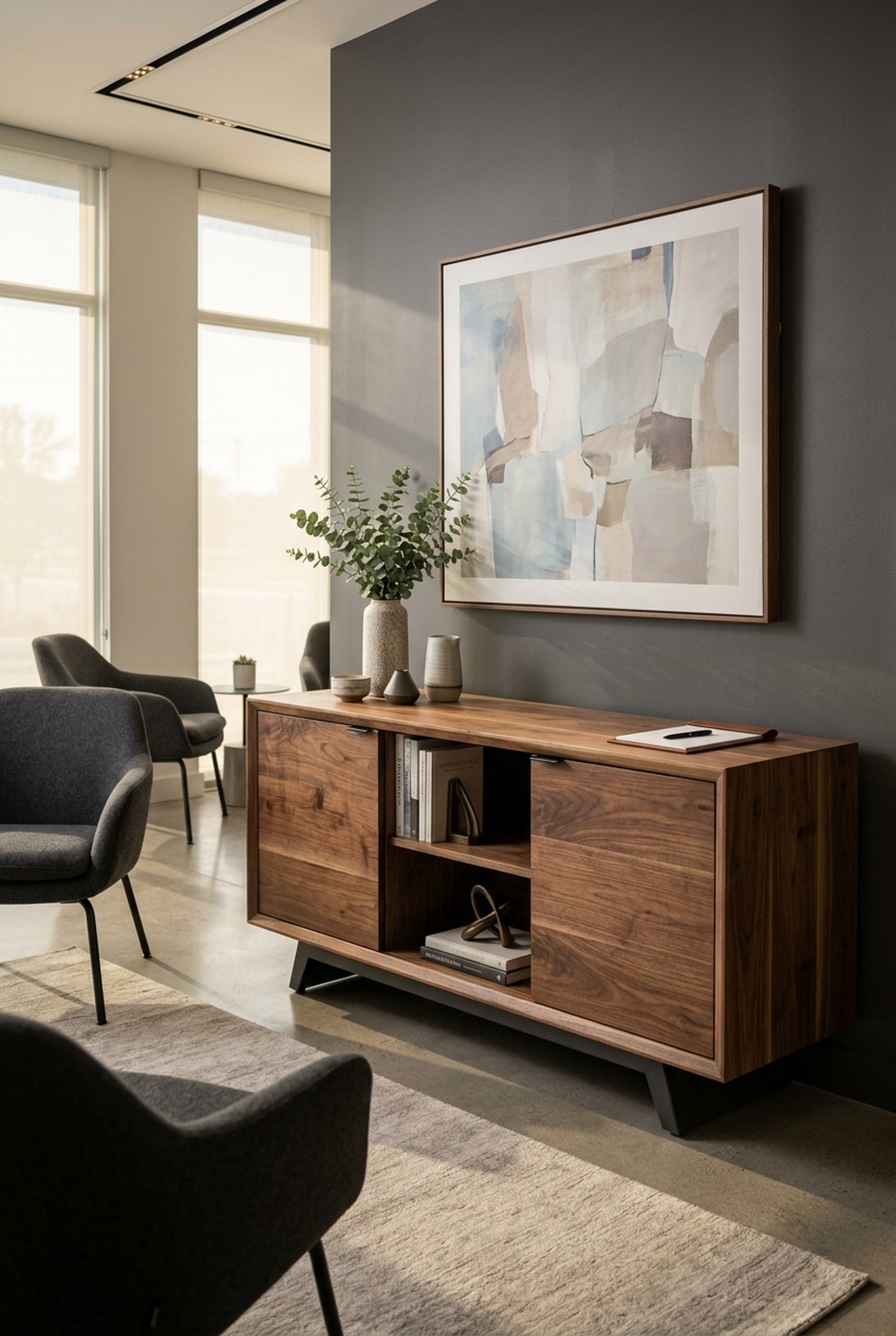 Solid walnut Cassian credenza with an open center bay and door cabinets in a modern office — Fargo Woodworks
