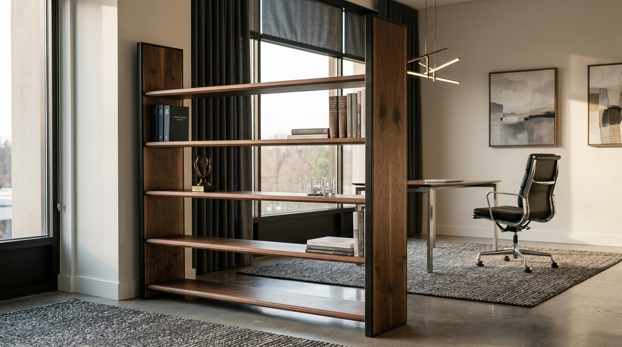 Freestanding solid walnut office shelving in an executive office — Fargo Woodworks