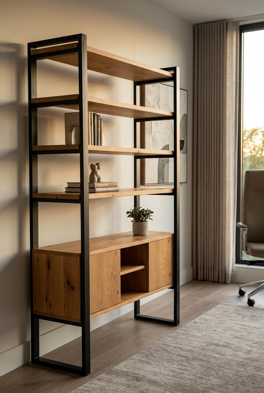 Solid white oak office shelving with open shelves above and a closed base cabinet — Fargo Woodworks