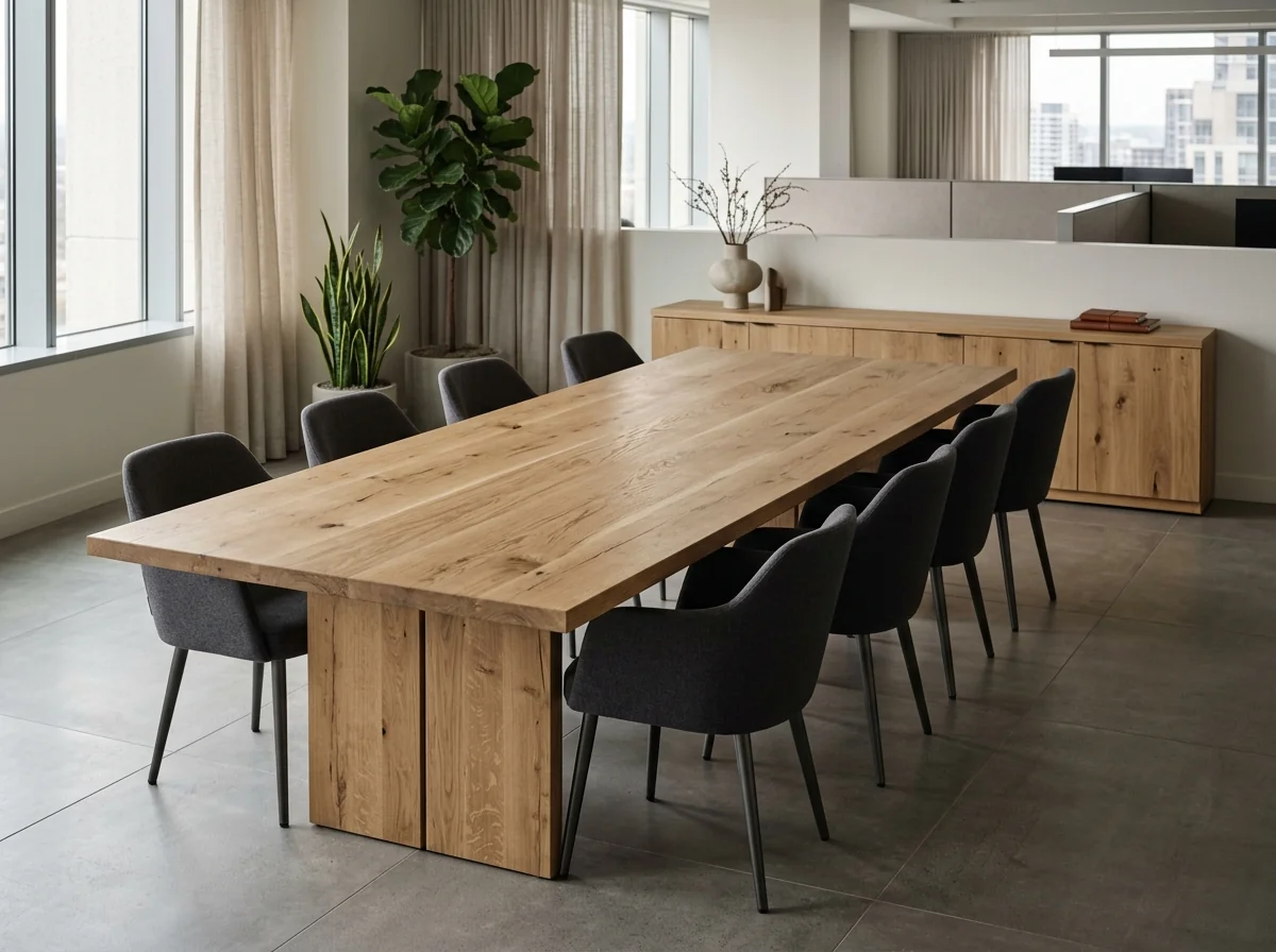 Office suite with a White Oak Rubio Natural conference table and matching credenza — Fargo Woodworks