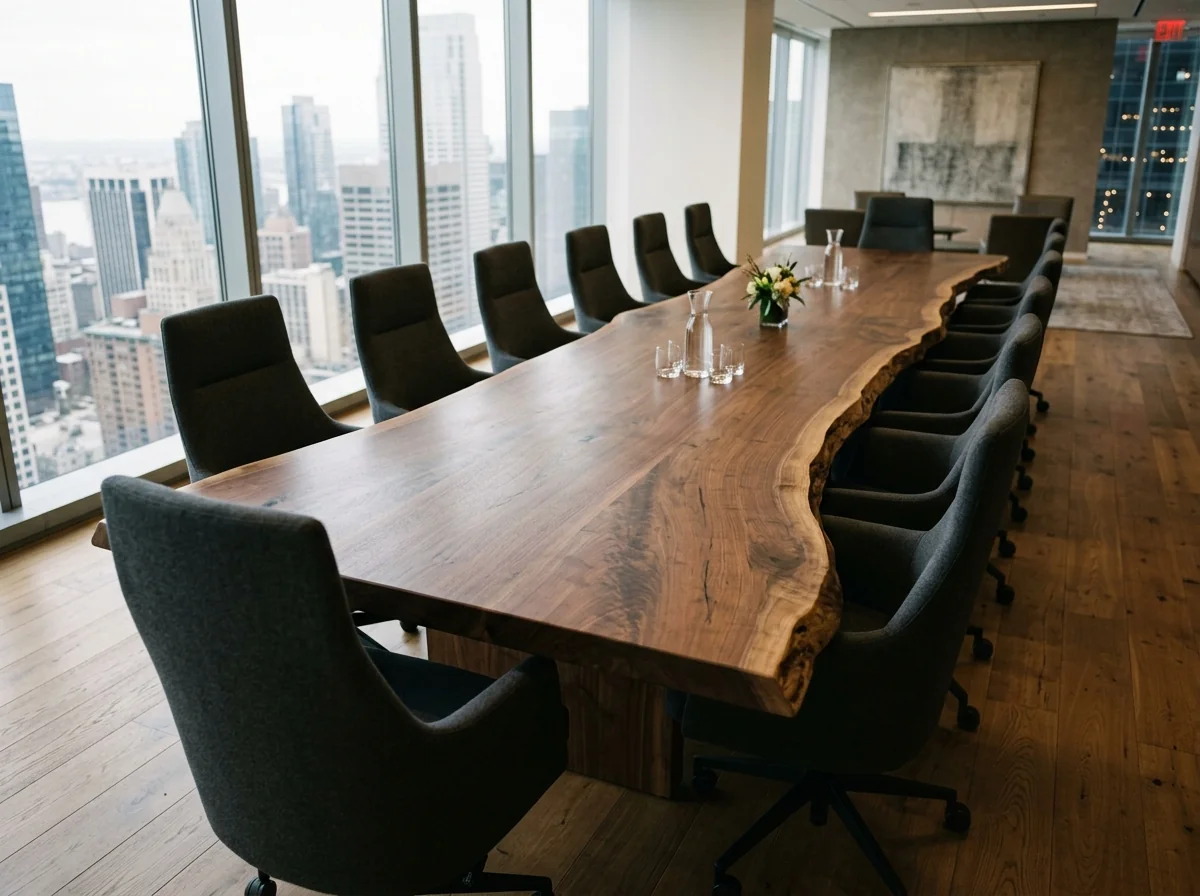 Pronounced Black Walnut LIVE EDGE conference table for sixteen with city skyline view — Fargo Woodworks