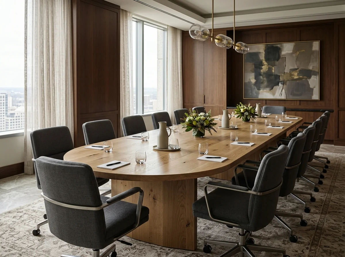 Racetrack 20-person White Oak conference table in a warm wood-paneled boardroom — Fargo Woodworks