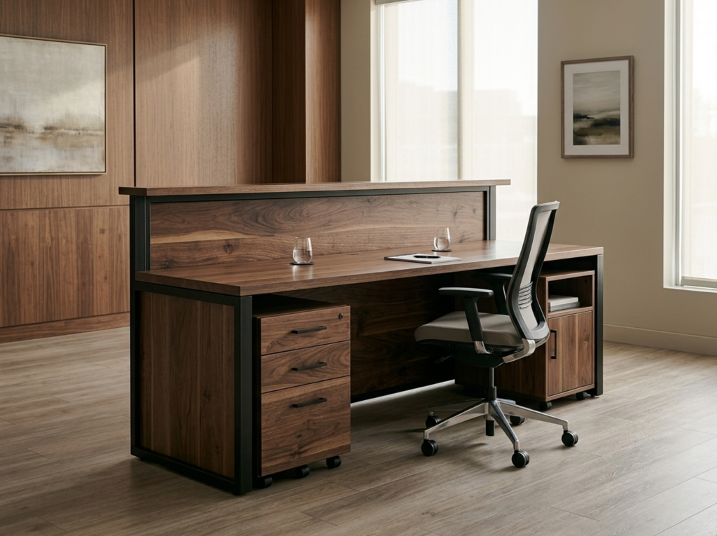 Handcrafted solid walnut reception desk in a warm executive lobby — Fargo Woodworks