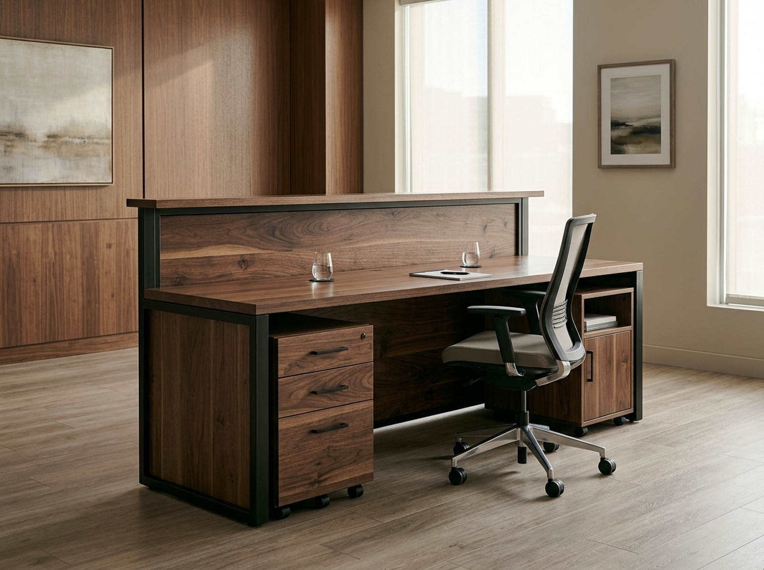 Solid walnut reception desk in a modern office lobby — Fargo Woodworks