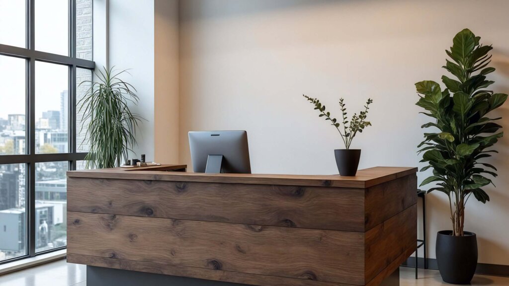 Solid walnut Heritage reception desk with a raised transaction counter in an office lobby — Fargo Woodworks