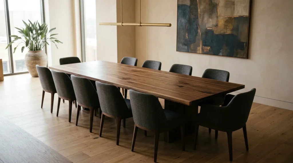 Refined commercial office space with a long Black Walnut conference table for twelve — Fargo Woodworks