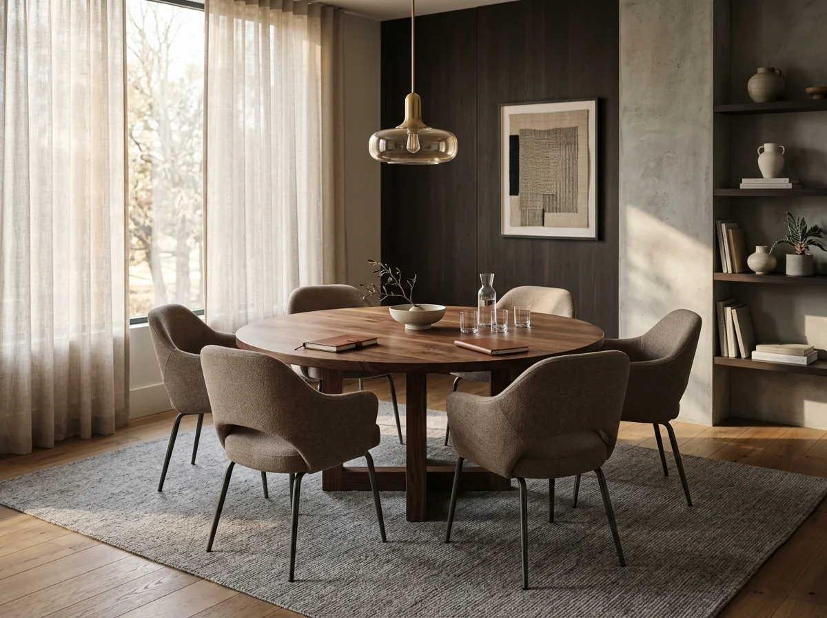 Round 6-person Black Walnut conference table in an intimate modern meeting room — Fargo Woodworks