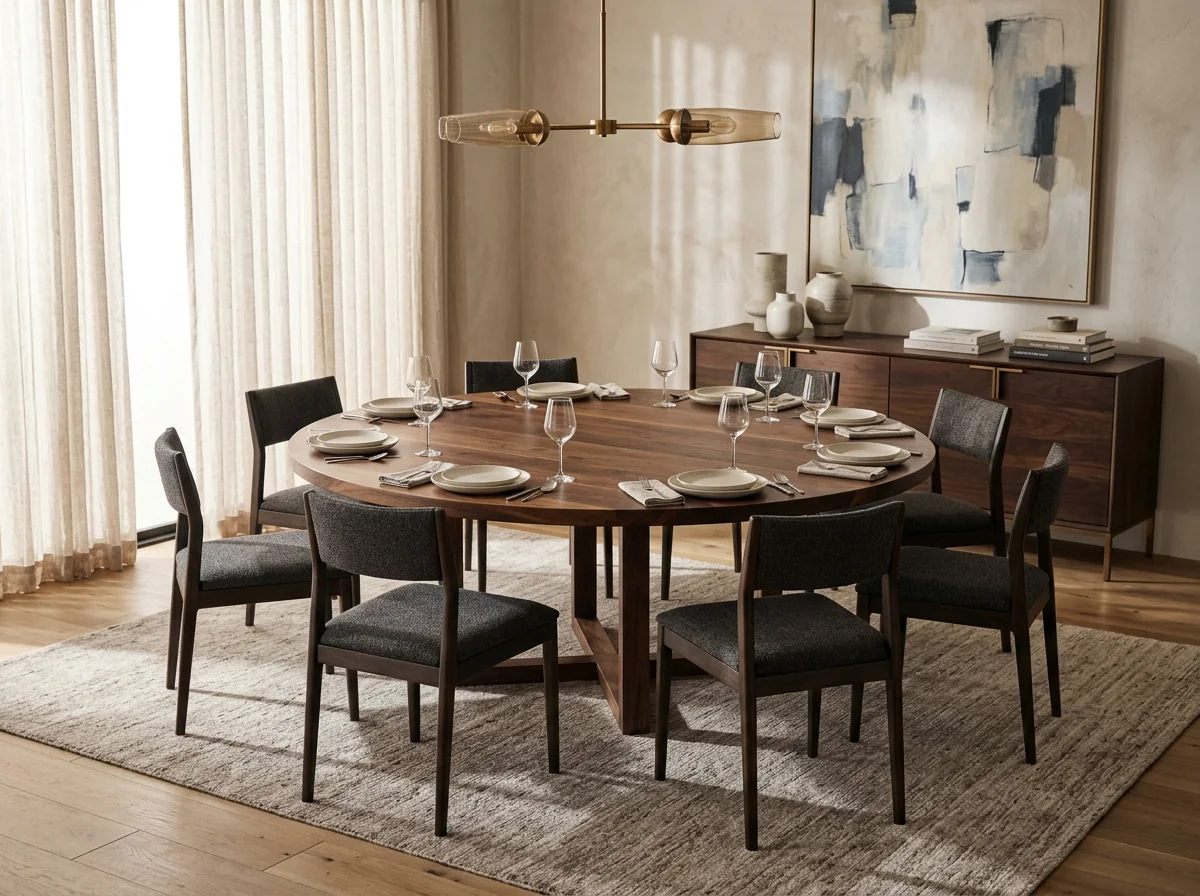 Round Black Walnut dining table with eight chairs in a refined modern dining room — Fargo Woodworks
