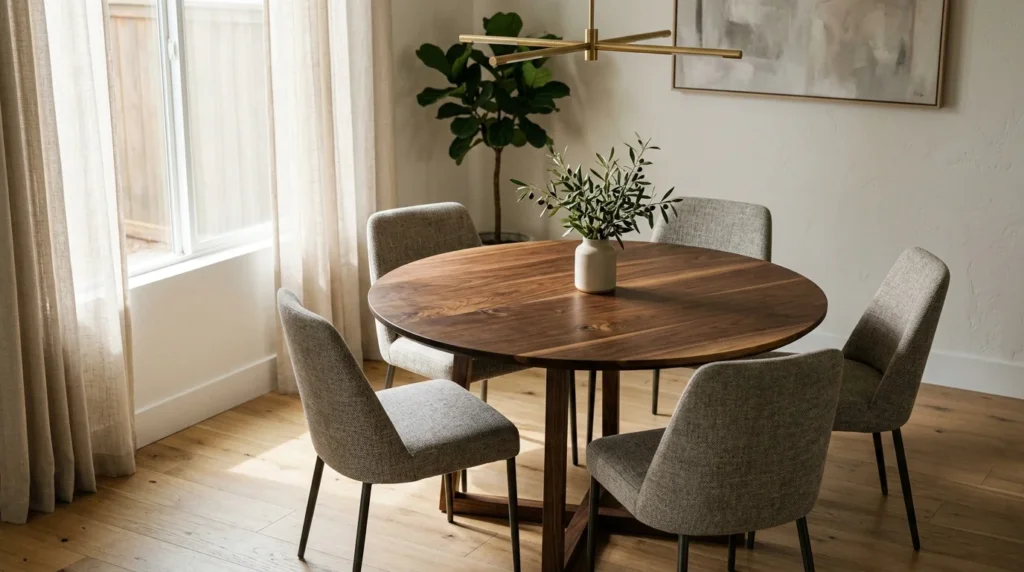 Round Black Walnut dining table for four in a sun-flooded modern dining nook — Fargo Woodworks