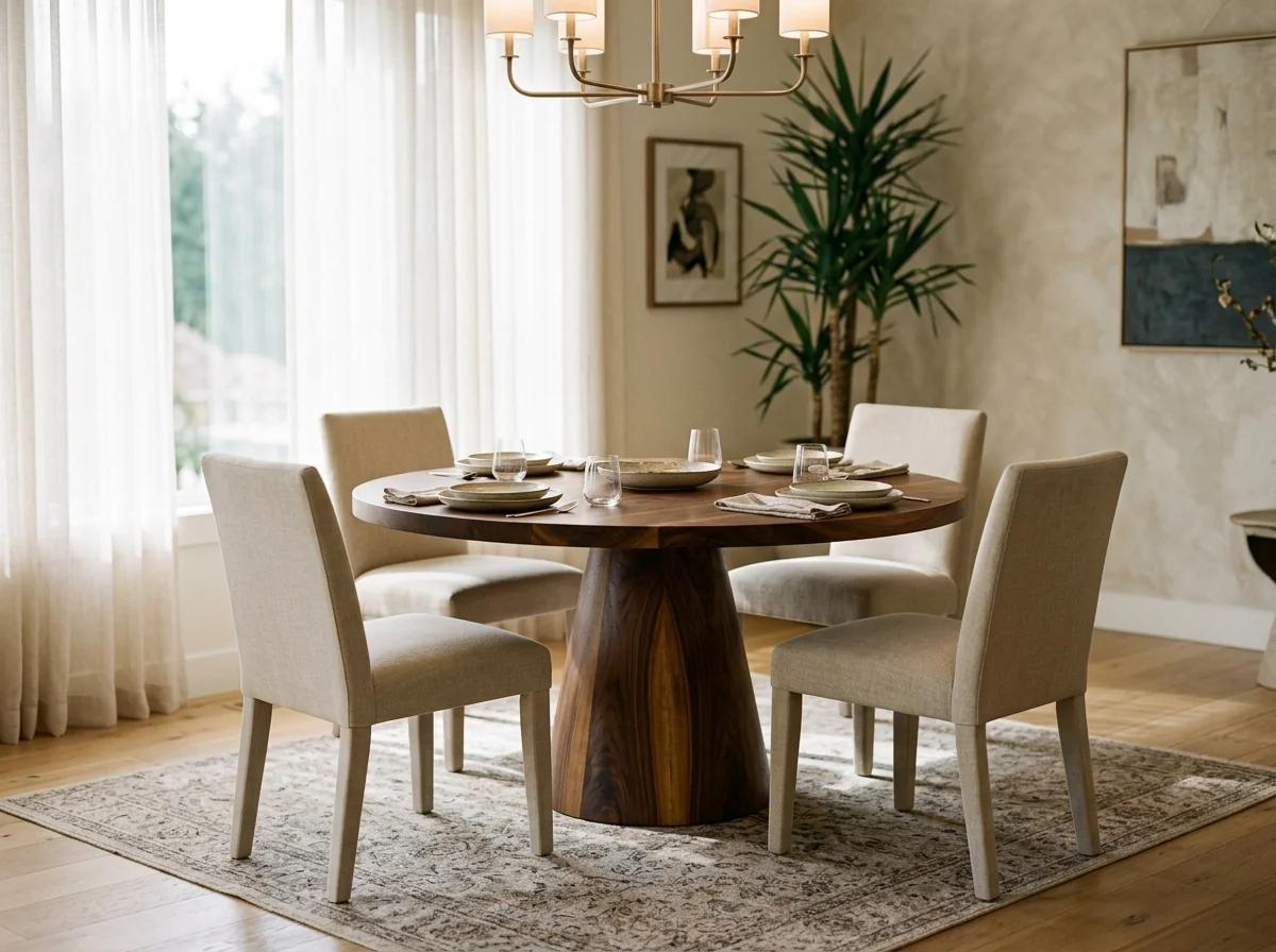 Round Black Walnut dining table with sculptural pedestal base in a modern dining room — Fargo Woodworks