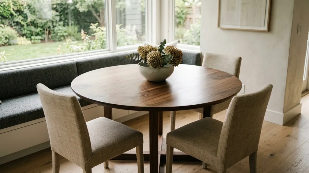 Round Black Walnut dining table sized perfectly to a sunlit dining nook — Fargo Woodworks