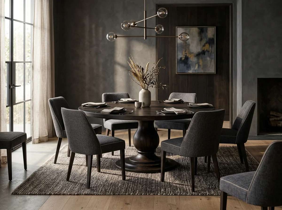 Round eight-person Black Walnut Rubio Black dining table with sculpted pedestal base — Fargo Woodworks