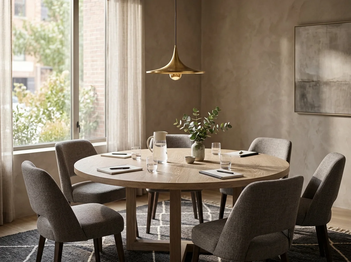 Round six-person White Oak Cotton White conference table in an intimate healthcare meeting room — Fargo Woodworks