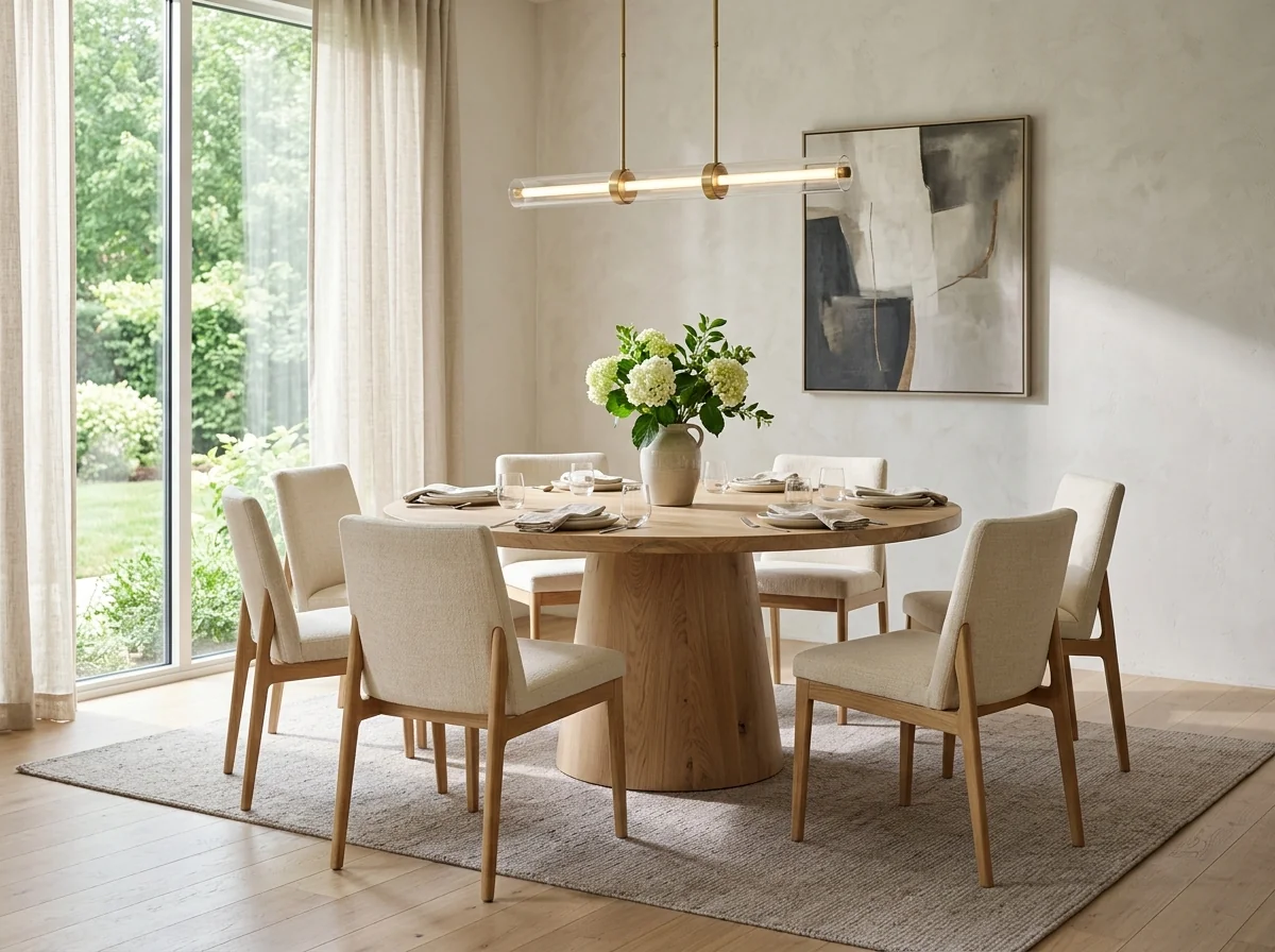 Round six-person White Oak Rubio Natural dining table with sculptural wood pedestal — Fargo Woodworks