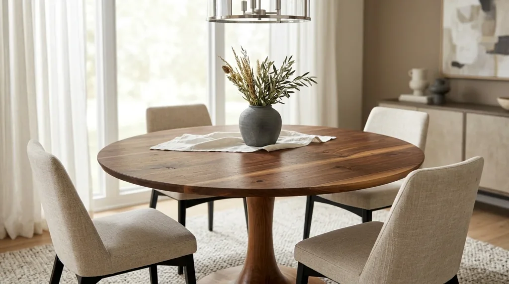 Round solid Black Walnut dining table with sculptural pedestal base in a sunlit modern dining room — Fargo Woodworks
