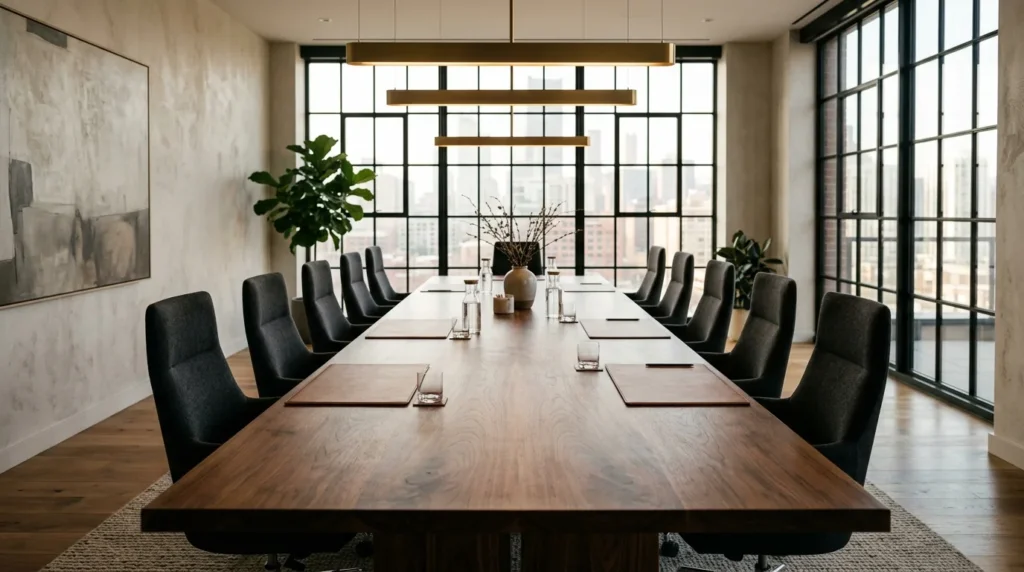 Sixteen-foot Black Walnut conference table for sixteen in a large corporate boardroom with brass linear pendants — Fargo Woodworks