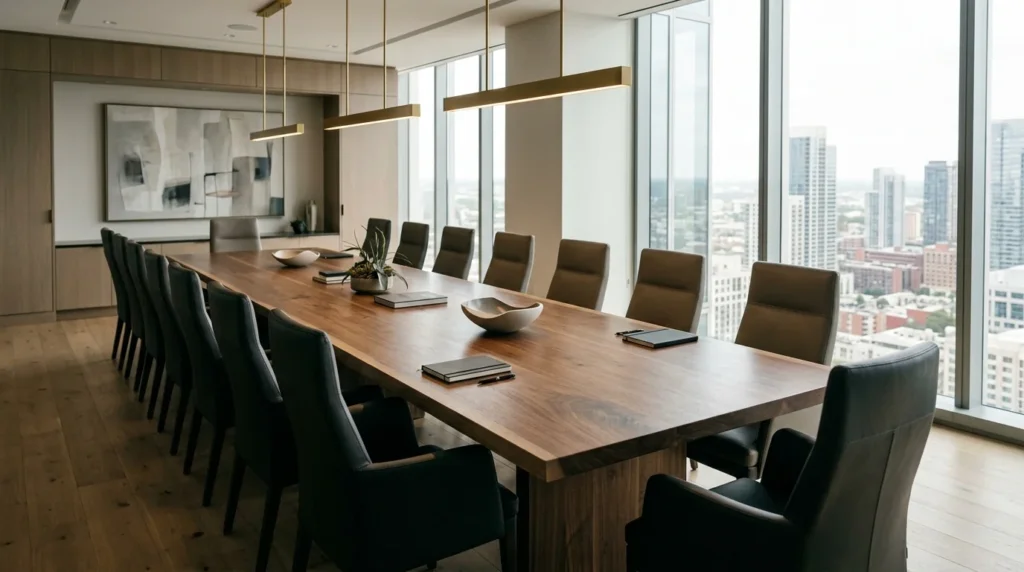 Sixteen-foot Black Walnut conference table for sixteen in a vast modern corporate boardroom — Fargo Woodworks