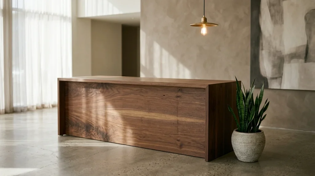 Sleek Black Walnut reception desk in a beautifully designed corporate lobby — Fargo Woodworks