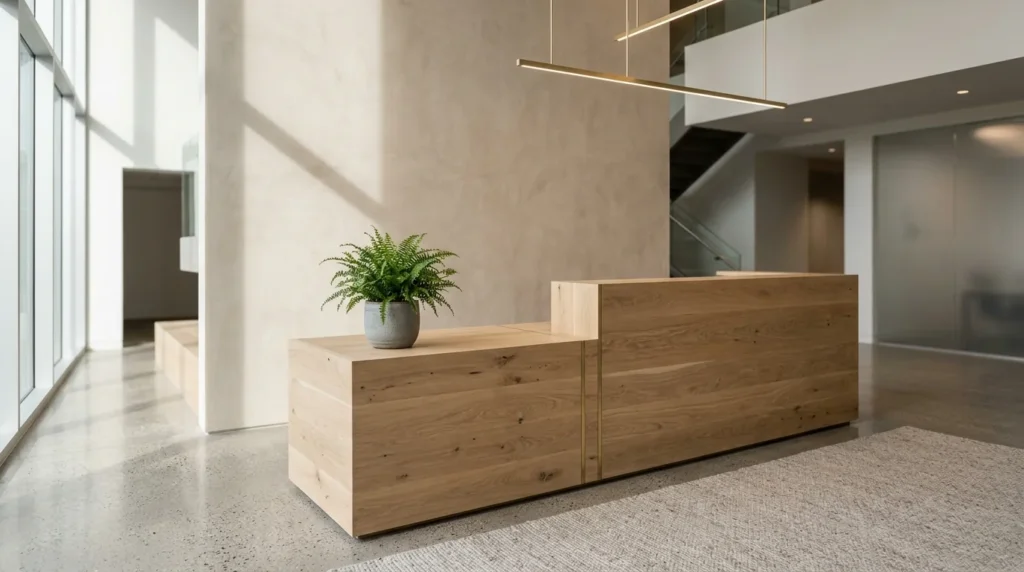 Sleek custom White Oak reception desk in a beautifully designed corporate lobby — Fargo Woodworks