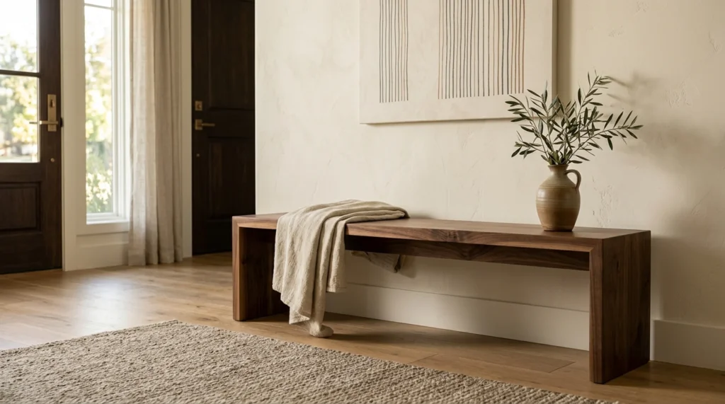 Solid Black Walnut bench in a refined modern entryway — Fargo Woodworks