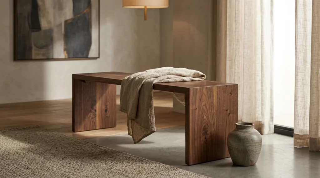 Solid Black Walnut bench in a refined modern entryway with linen throw — Fargo Woodworks