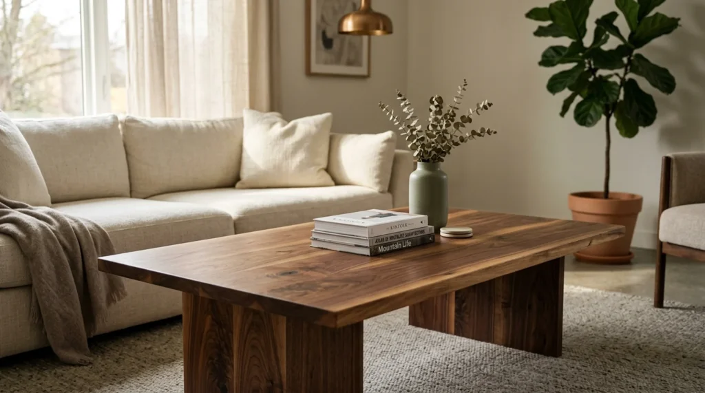 Solid Black Walnut coffee table in a refined modern living room with cream linen sofa — Fargo Woodworks