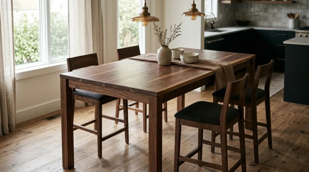 Solid Black Walnut counter-height table in a sunlit modern kitchen-adjacent dining nook — Fargo Woodworks