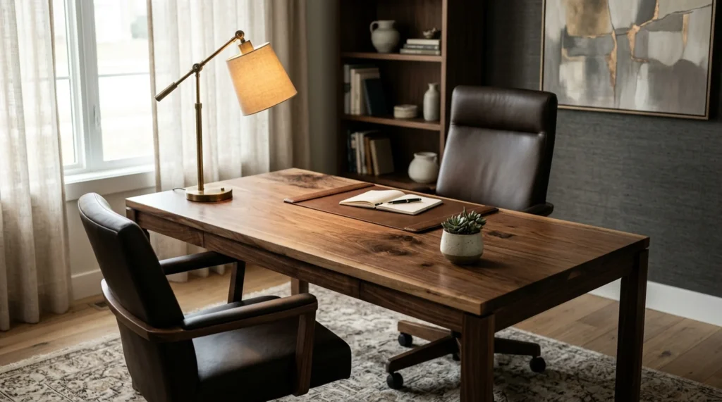 Solid Black Walnut executive desk in a refined modern private office — Fargo Woodworks