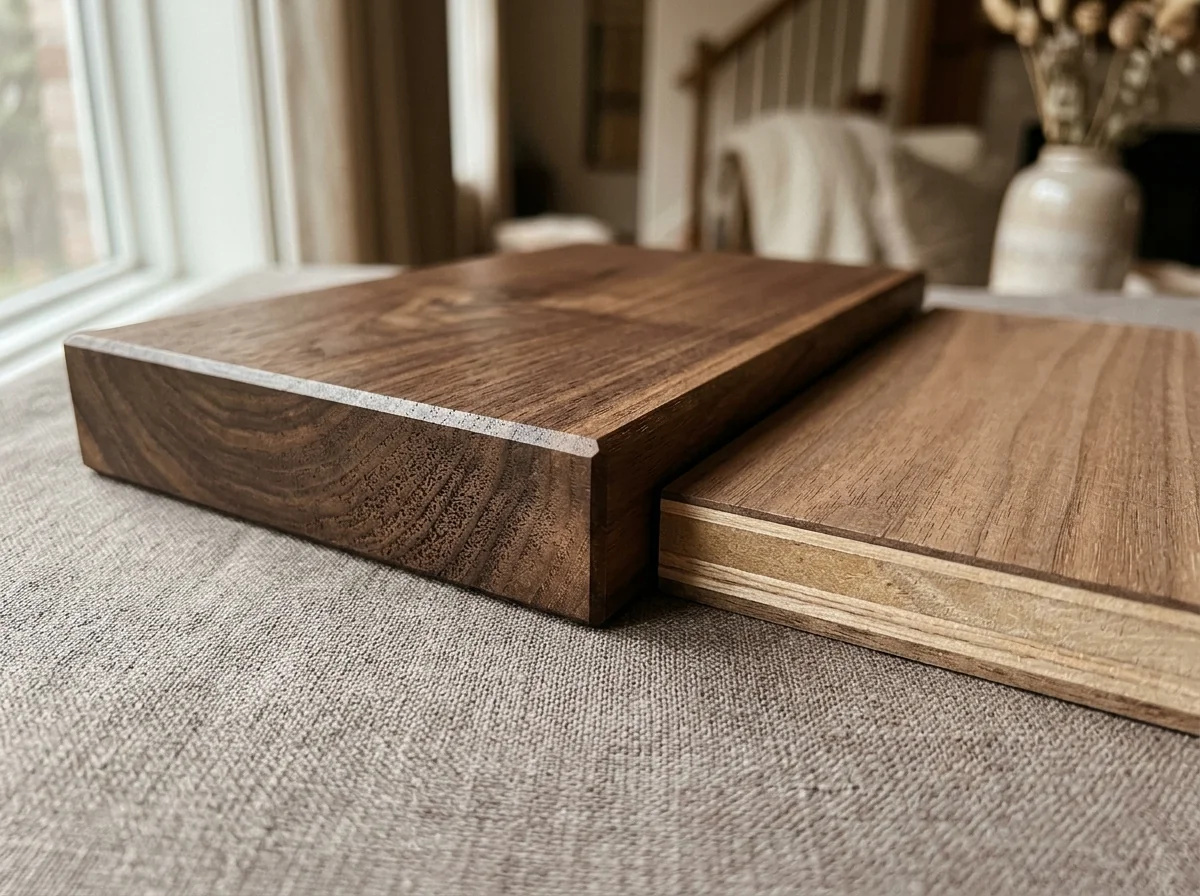 Solid Black Walnut next to a thin walnut veneer — close-up macro showing structural difference — Fargo Woodworks