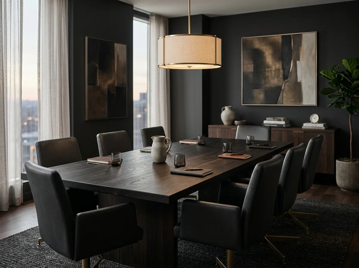 Solid Black Walnut Rubio Black conference table in a moody executive office with dark leather chairs — Fargo Woodworks