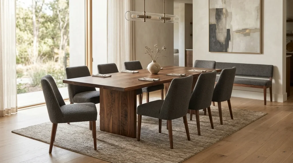 Solid hardwood Black Walnut dining set with eight chairs and bench in a sunlit dining room — Fargo Woodworks