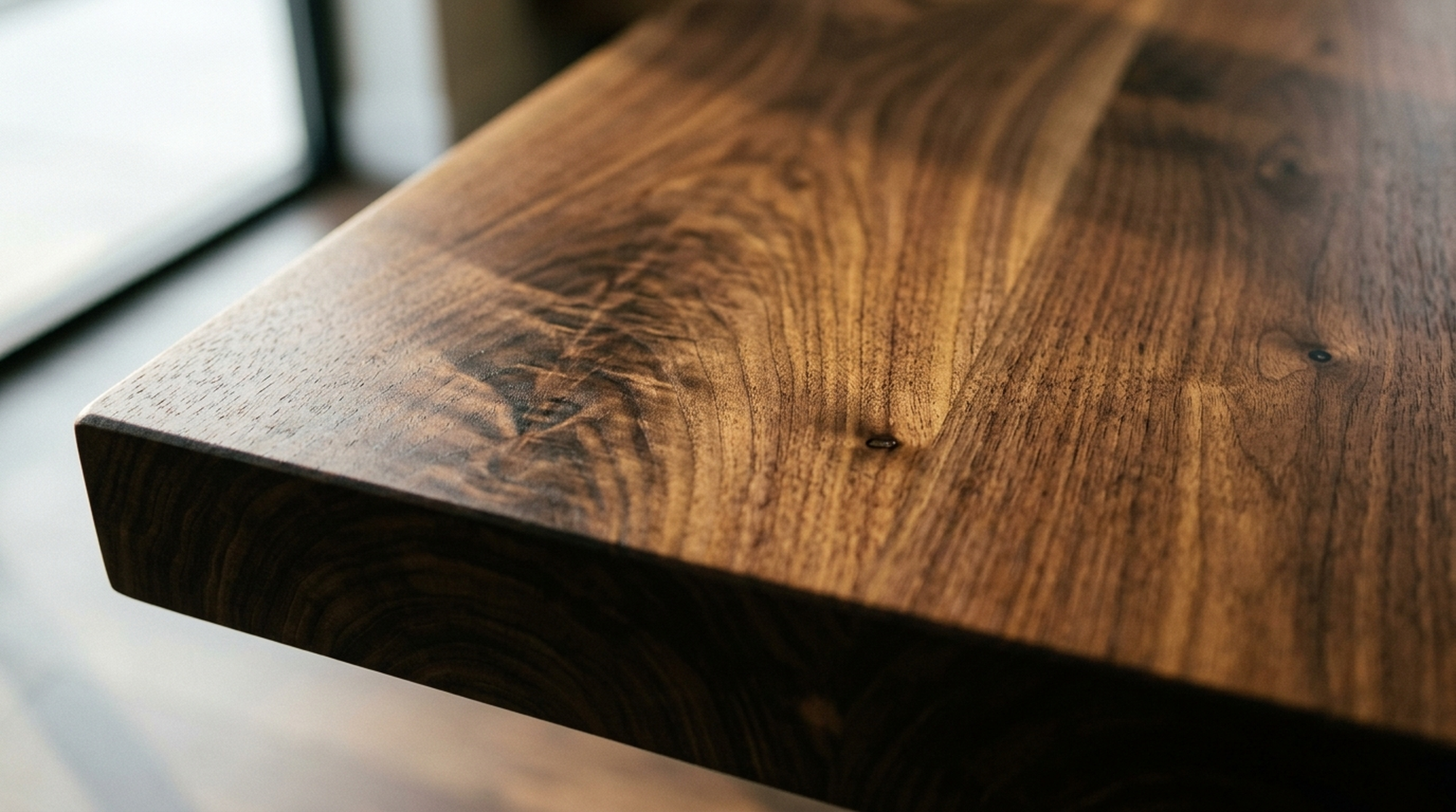 Close-up of solid Black Walnut wood grain and the square edge of a handcrafted conference table top — Fargo Woodworks