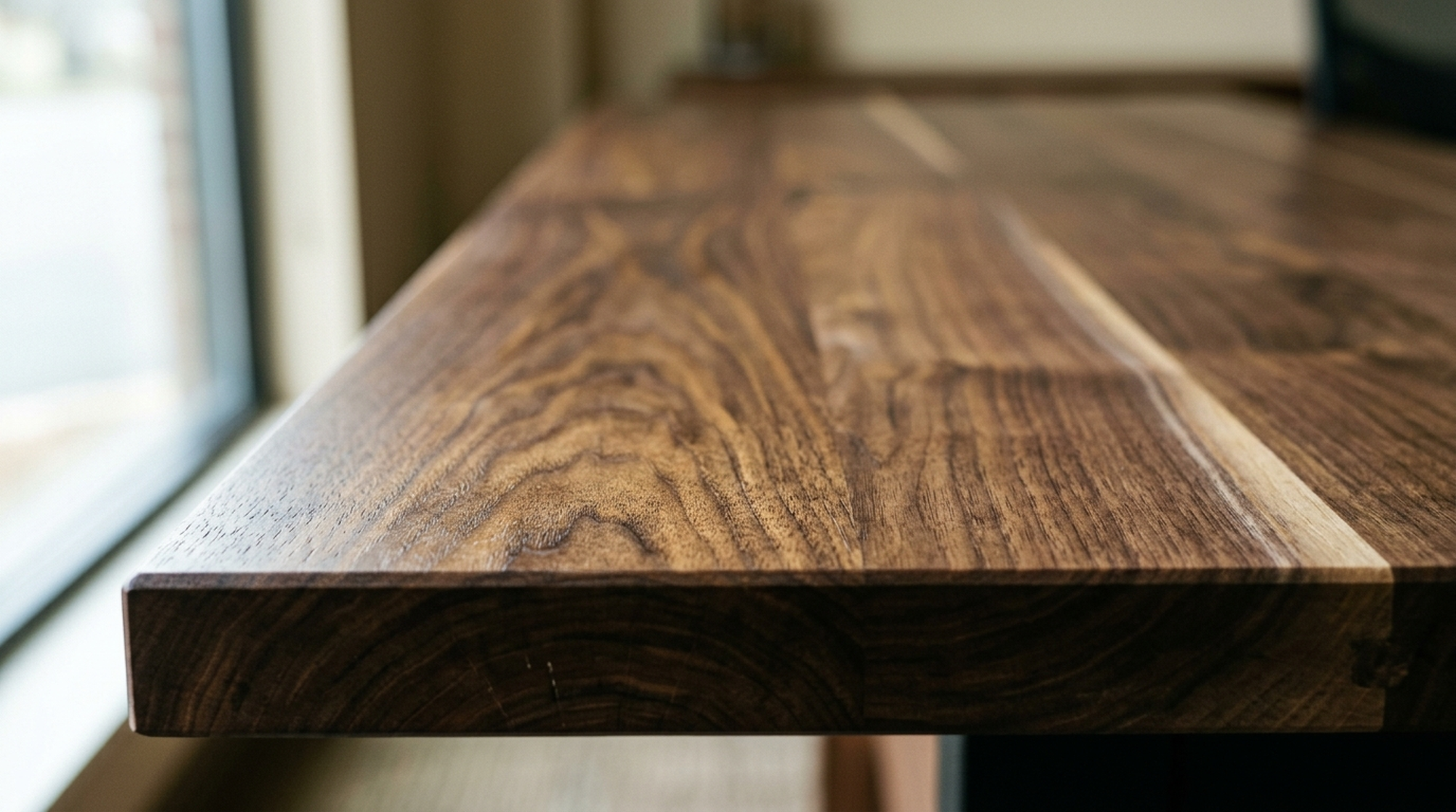 Close-up of solid Black Walnut wood grain and the square edge of a handcrafted desk top — Fargo Woodworks