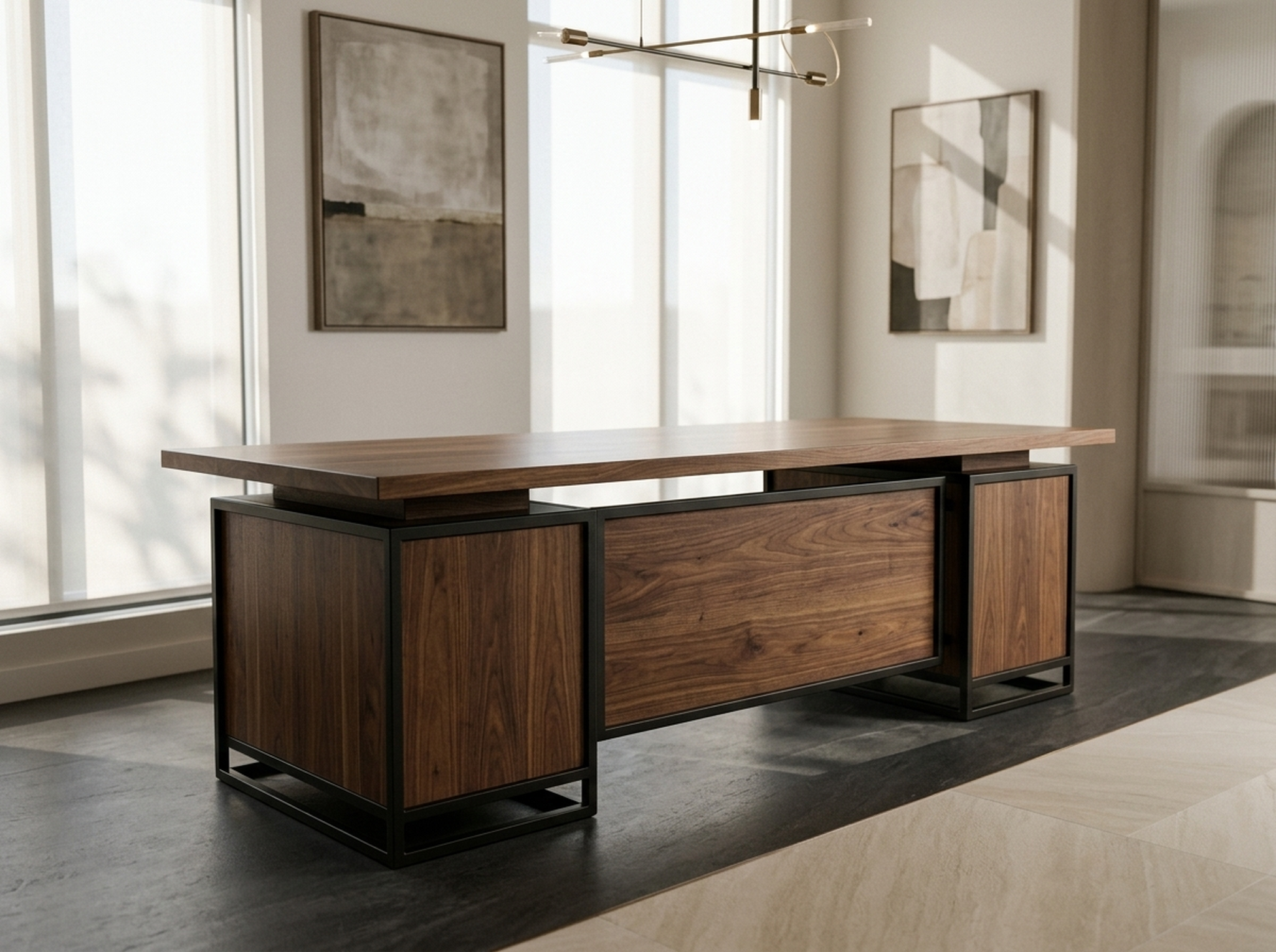Handcrafted solid walnut executive desk in a bright, naturally lit office — Fargo Woodworks
