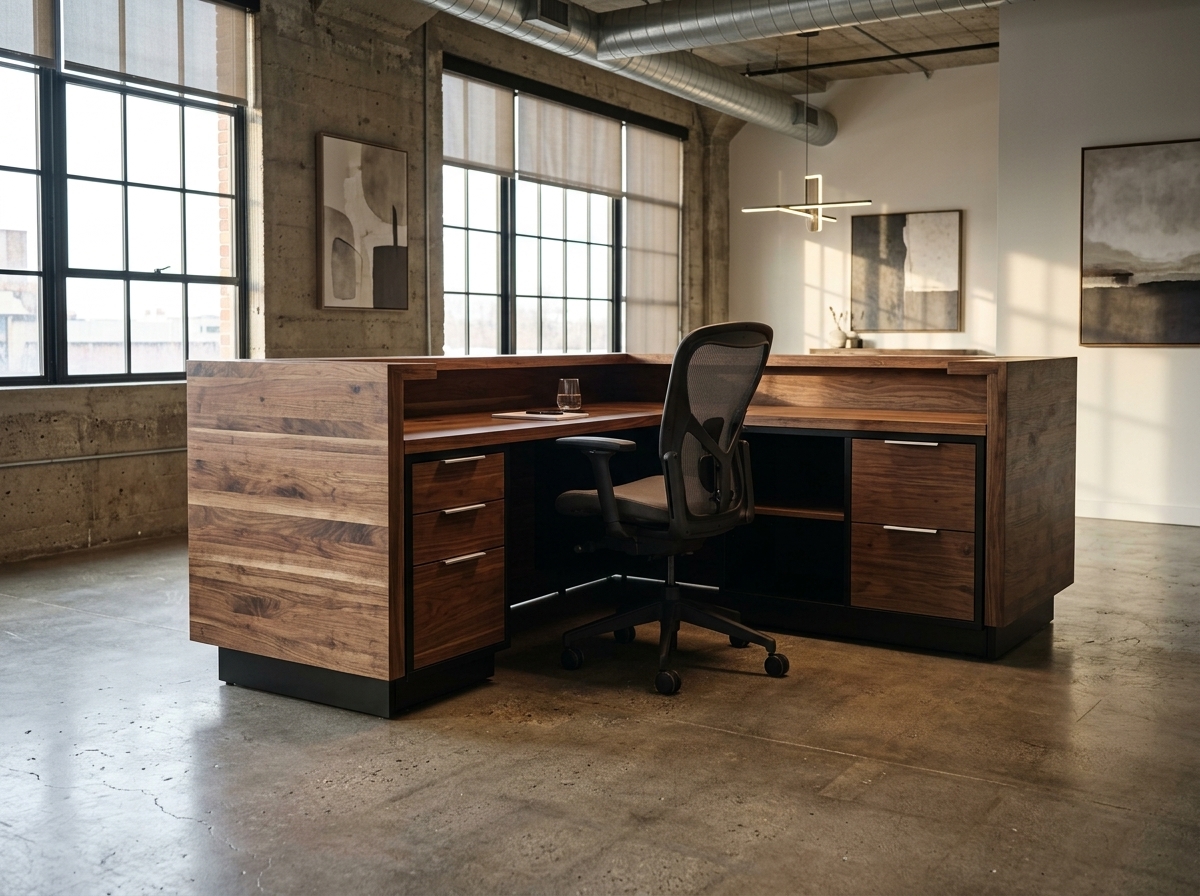 Solid walnut L-shaped reception desk with transaction shelf and staff workspace — Fargo Woodworks