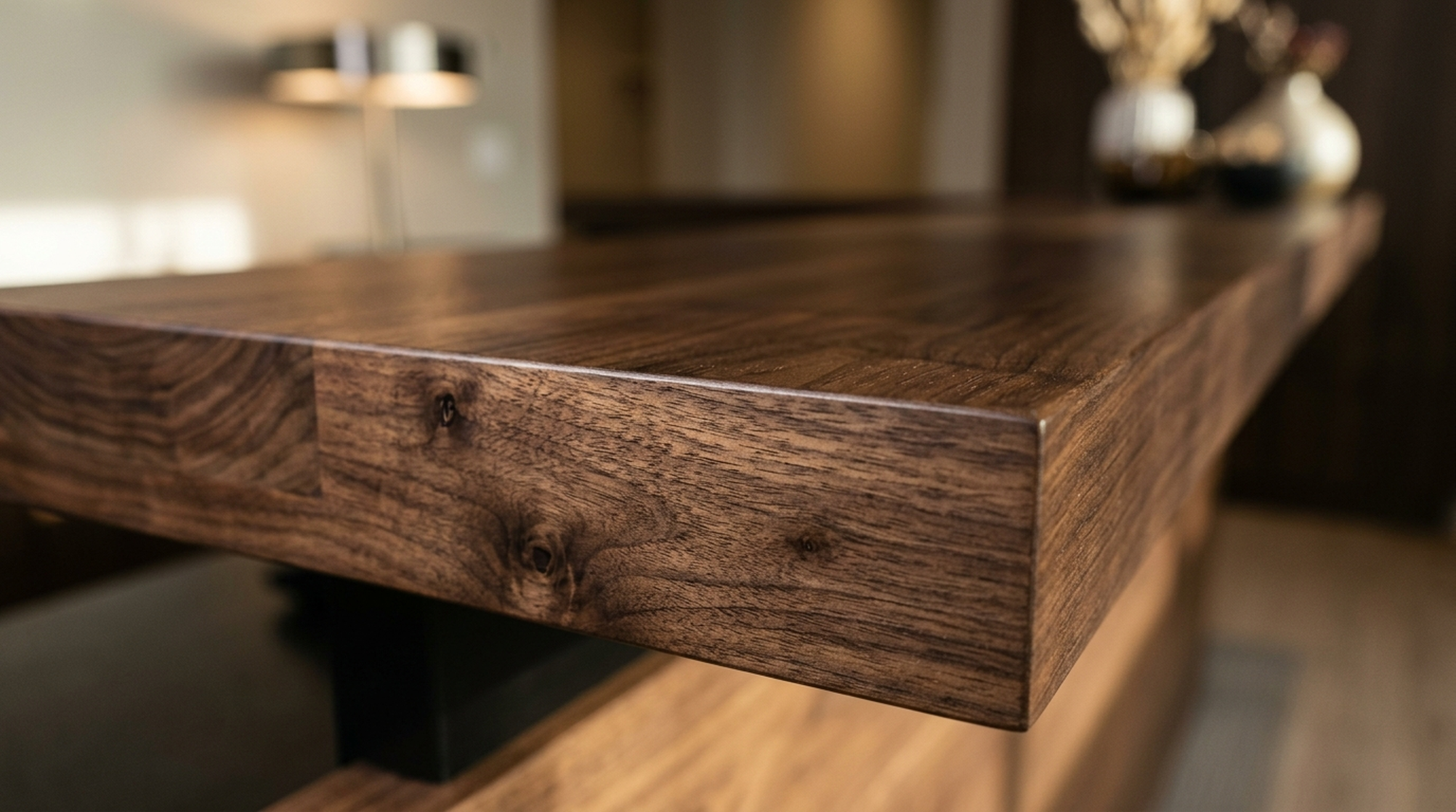 Close-up of solid Black Walnut wood grain on a handcrafted reception desk top — Fargo Woodworks