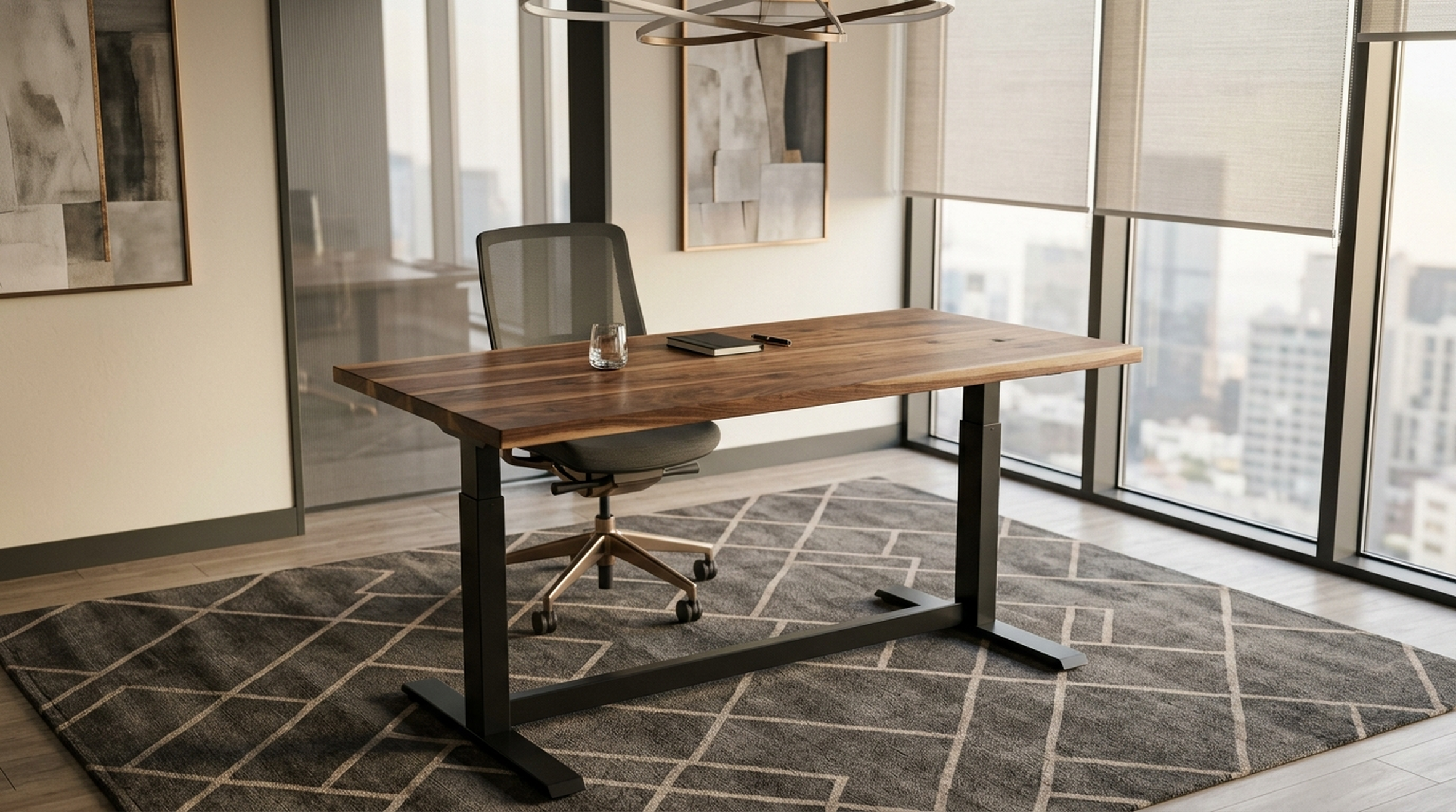 Solid walnut standing desk on a motorized steel base in a modern executive office — Fargo Woodworks