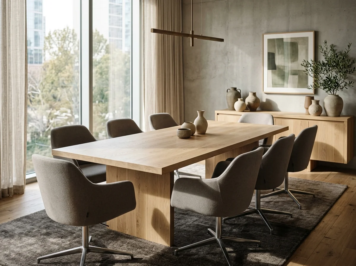Solid White Oak Rubio Natural conference table in a contemporary office with warm-gray chairs — Fargo Woodworks