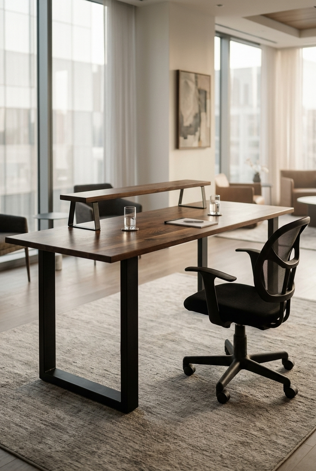 Solid walnut executive desk in a high-rise corporate office — Fargo Woodworks