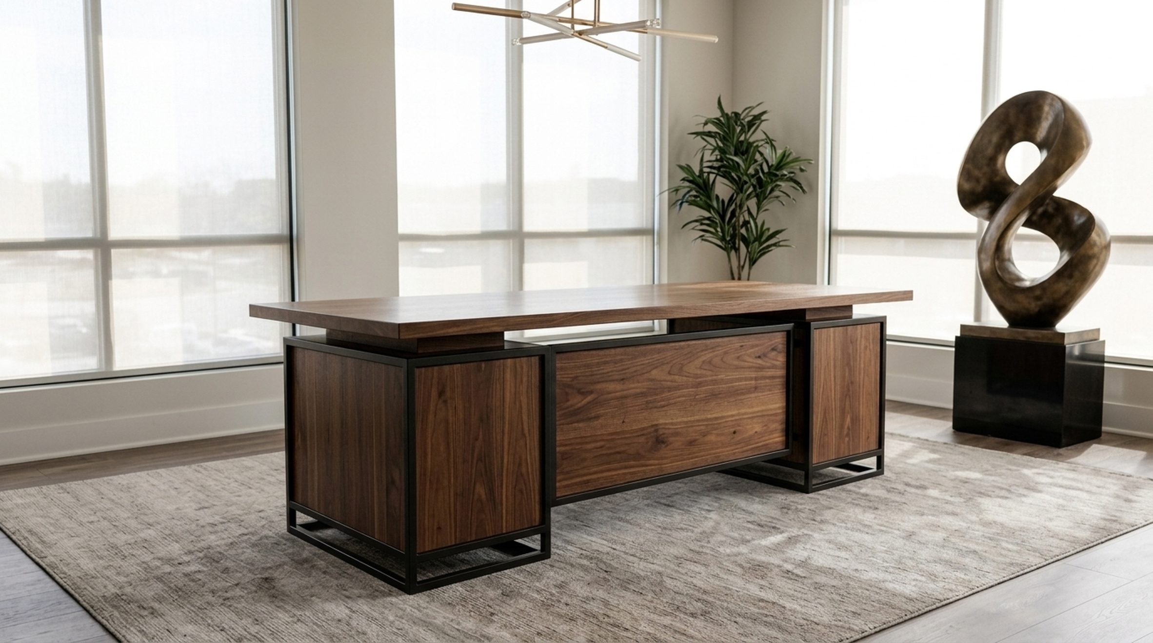 Solid walnut executive desk with steel-framed pedestals — Fargo Woodworks